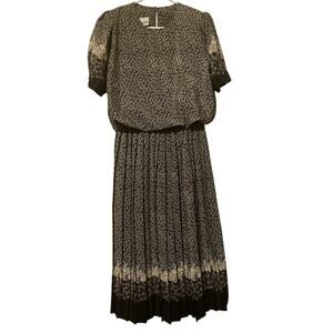 VTG Evanna Womens Black Taupe Purple Floral Accordian Skirt Blouson Dress Medium